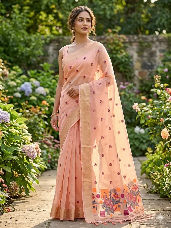 Peach_Linen_Slab_Saree_For_Women