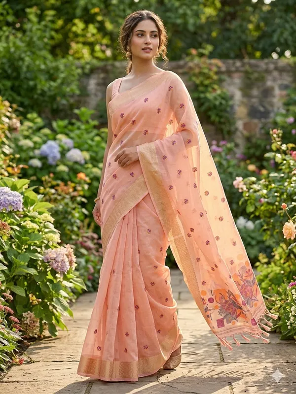 Peach_Linen_Slab_Saree_For_Women