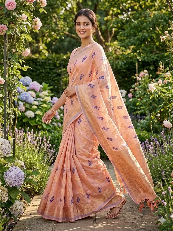 Peach_Linen_Slab_Saree_For_Women