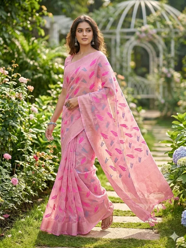 Pink_Linen_Slab_Saree_For_Women