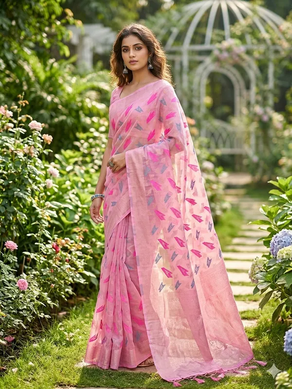 Pink_Linen_Slab_Saree_For_Women