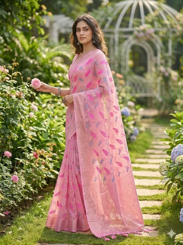 Pink_Linen_Slab_Saree_For_Women