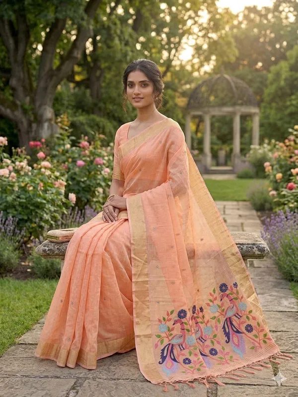 Peach_Linen_Slab_Saree_For_Women