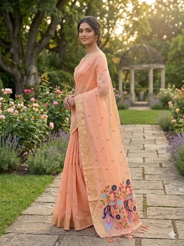 Peach_Linen_Slab_Saree_For_Women