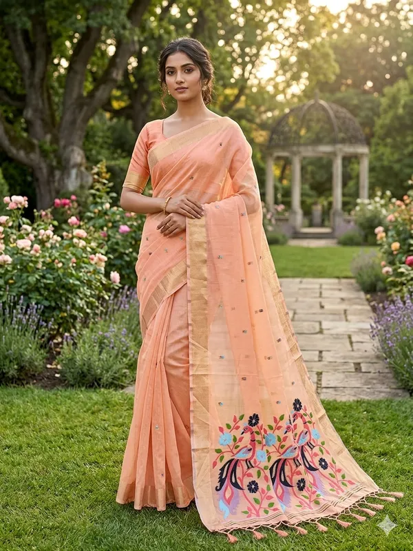 Peach_Linen_Slab_Saree_For_Women