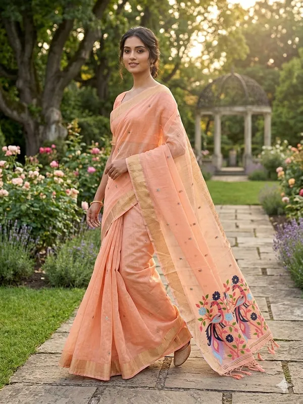 Peach_Linen_Slab_Saree_For_Women