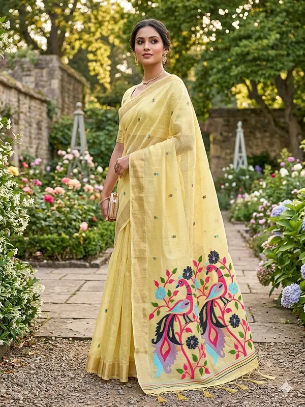Yellow_Linen_Slab_Saree_For_Women