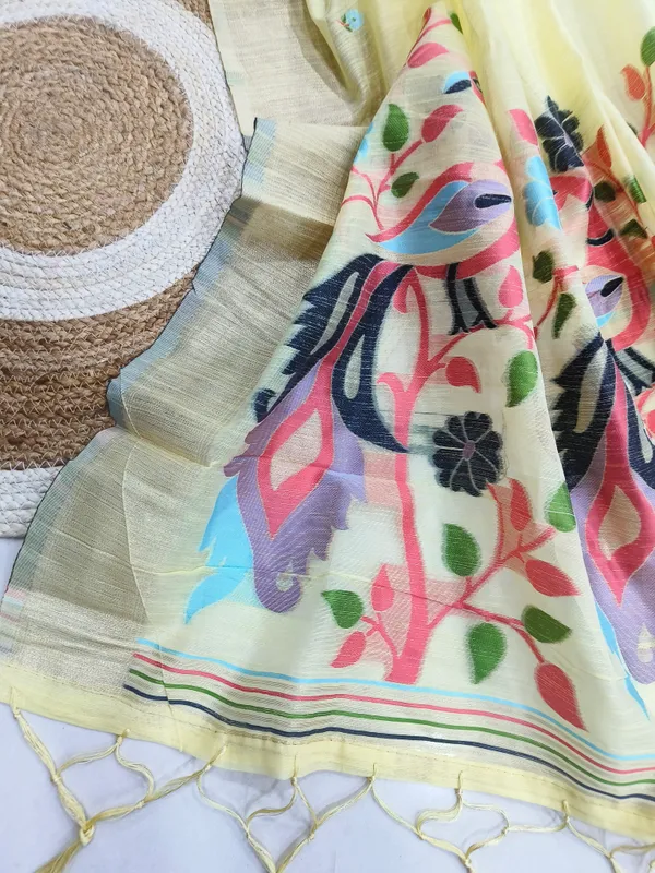 Yellow_Linen_Slab_Saree_For_Women