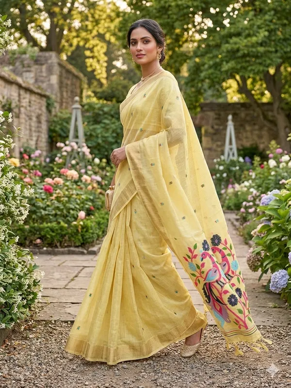 Yellow_Linen_Slab_Saree_For_Women