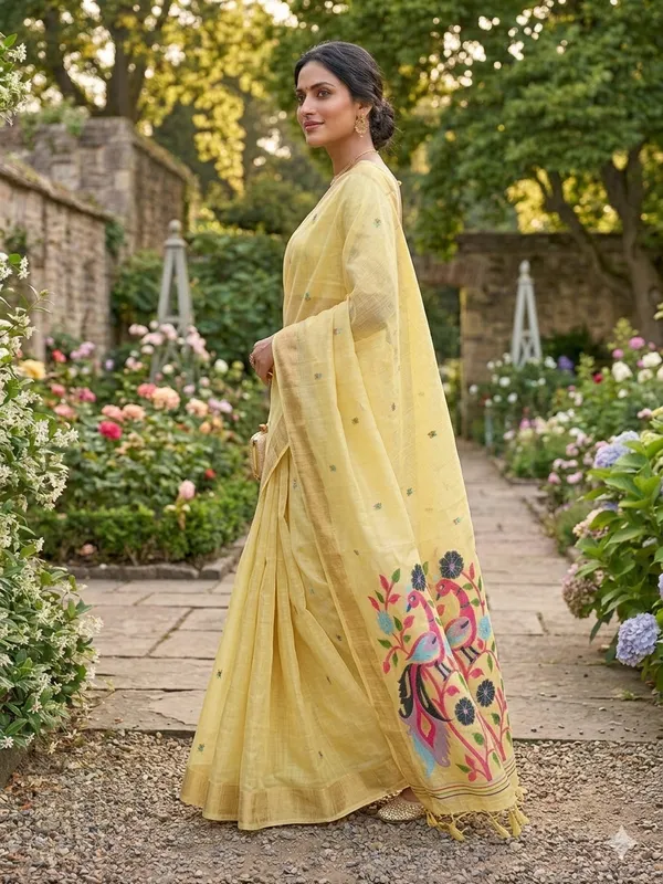 Yellow_Linen_Slab_Saree_For_Women