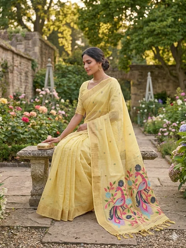 Yellow_Linen_Slab_Saree_For_Women