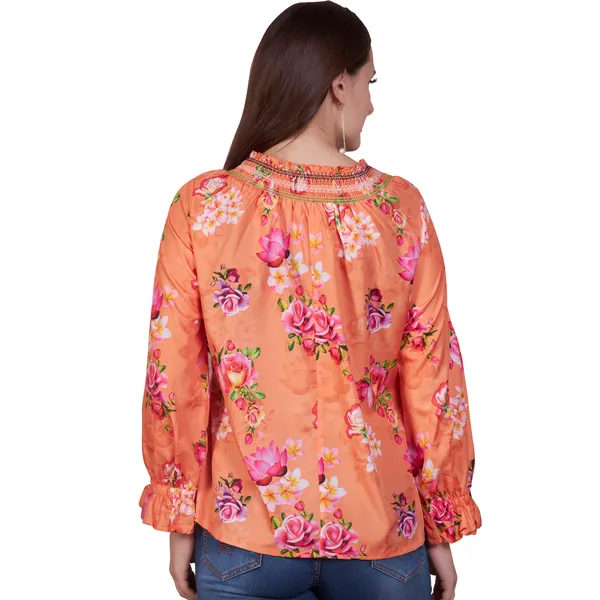 Orange_Floral_Print_Long_Sleeve_Top_For_Women