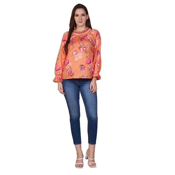 Orange_Floral_Print_Long_Sleeve_Top_For_Women