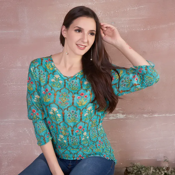 Turquoise_Floral_Print_Smocked_Waist_Top_for_Women