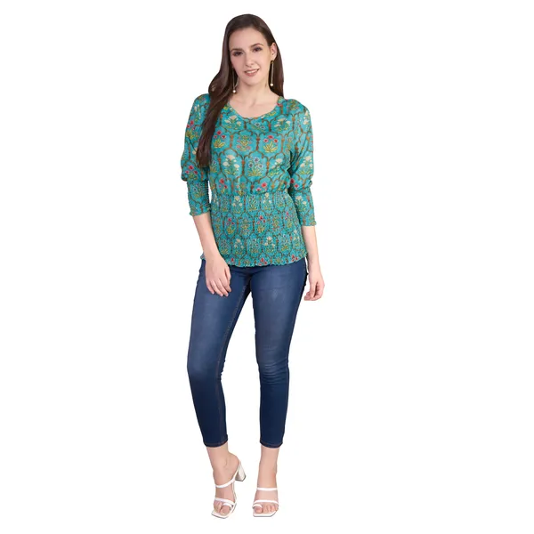 Turquoise_Floral_Print_Smocked_Waist_Top_for_Women