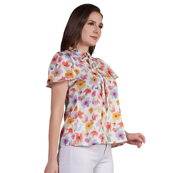 White_Floral_Print_Bow_Neck_Short_Sleeve_Top_for_Women