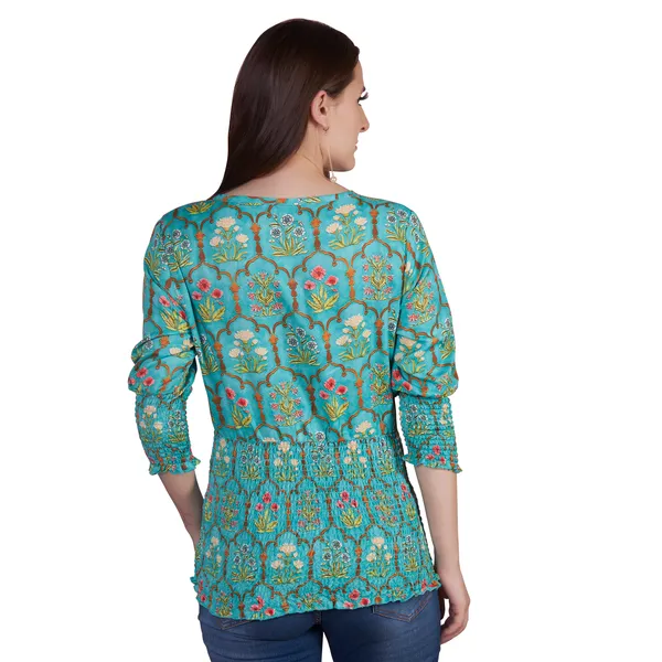 Turquoise_Floral_Print_Smocked_Waist_Top_for_Women
