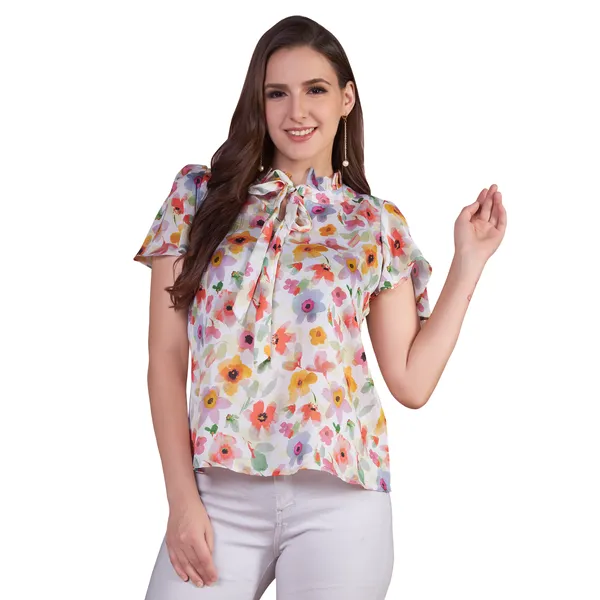 White_Floral_Print_Bow_Neck_Short_Sleeve_Top_for_Women