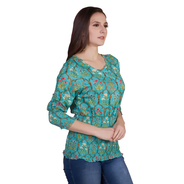 Turquoise_Floral_Print_Smocked_Waist_Top_for_Women