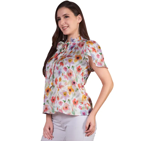 White_Floral_Print_Bow_Neck_Short_Sleeve_Top_for_Women