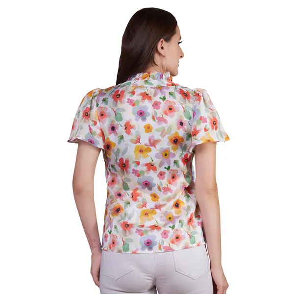White_Floral_Print_Bow_Neck_Short_Sleeve_Top_for_Women