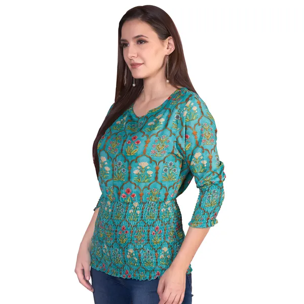 Turquoise_Floral_Print_Smocked_Waist_Top_for_Women