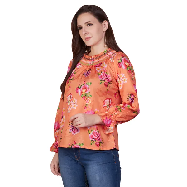 Orange_Floral_Print_Long_Sleeve_Top_For_Women