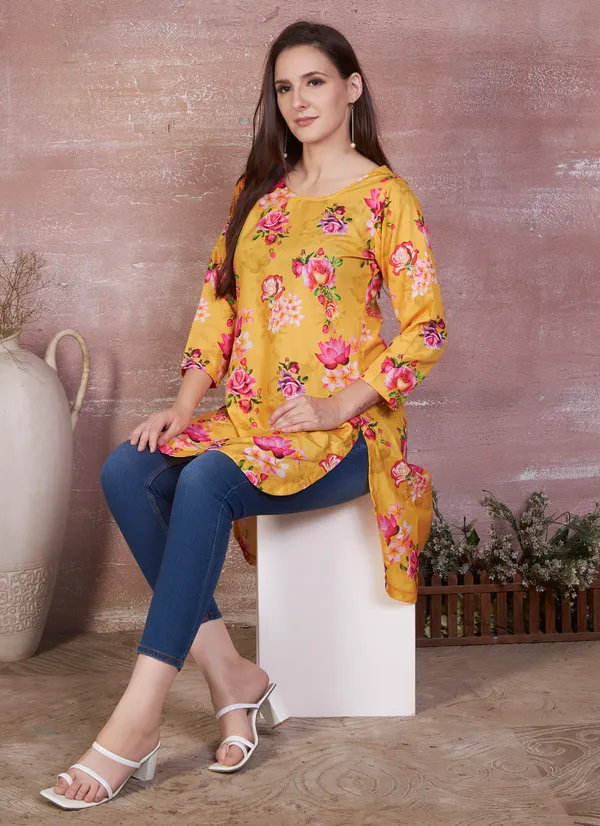 Yellow_Floral_Print_Asymmetric_Tunic_for_Women