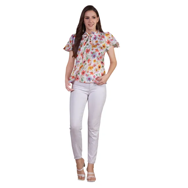 White_Floral_Print_Bow_Neck_Short_Sleeve_Top_for_Women