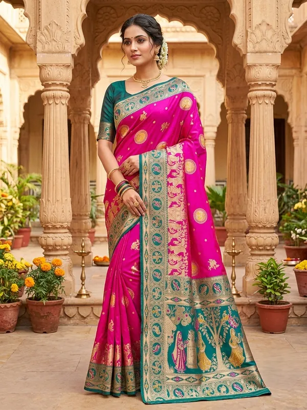 Pink_Silk_And_Polyester_Woven_Baluchari_Saree_For_Women