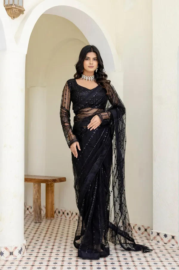 Black_Heavy_Nylon_Butterfly_Net_Fancy_Sequin_&_Thread_Work_Saree_with_Unstitched_Blouse