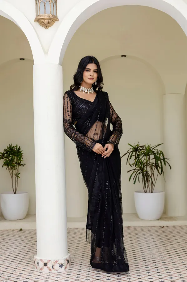 Black_Heavy_Nylon_Butterfly_Net_Fancy_Sequin_&_Thread_Work_Saree_with_Unstitched_Blouse