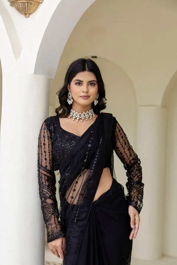 Black_Heavy_Nylon_Butterfly_Net_Fancy_Sequin_&_Thread_Work_Saree_with_Unstitched_Blouse