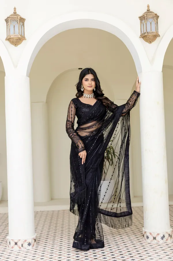 Black_Heavy_Nylon_Butterfly_Net_Fancy_Sequin_&_Thread_Work_Saree_with_Unstitched_Blouse
