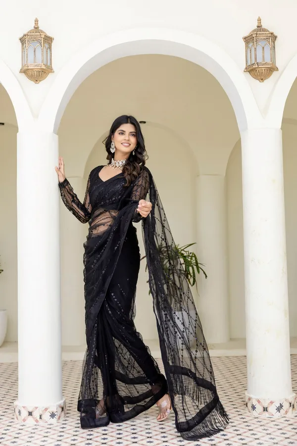 Black_Heavy_Nylon_Butterfly_Net_Fancy_Sequin_&_Thread_Work_Saree_with_Unstitched_Blouse