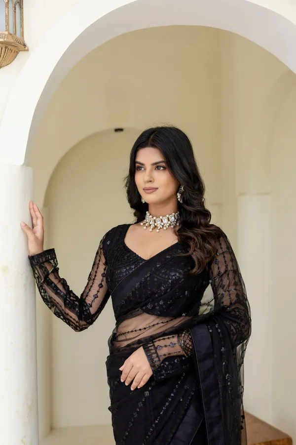Black_Heavy_Nylon_Butterfly_Net_Fancy_Sequin_&_Thread_Work_Saree_with_Unstitched_Blouse