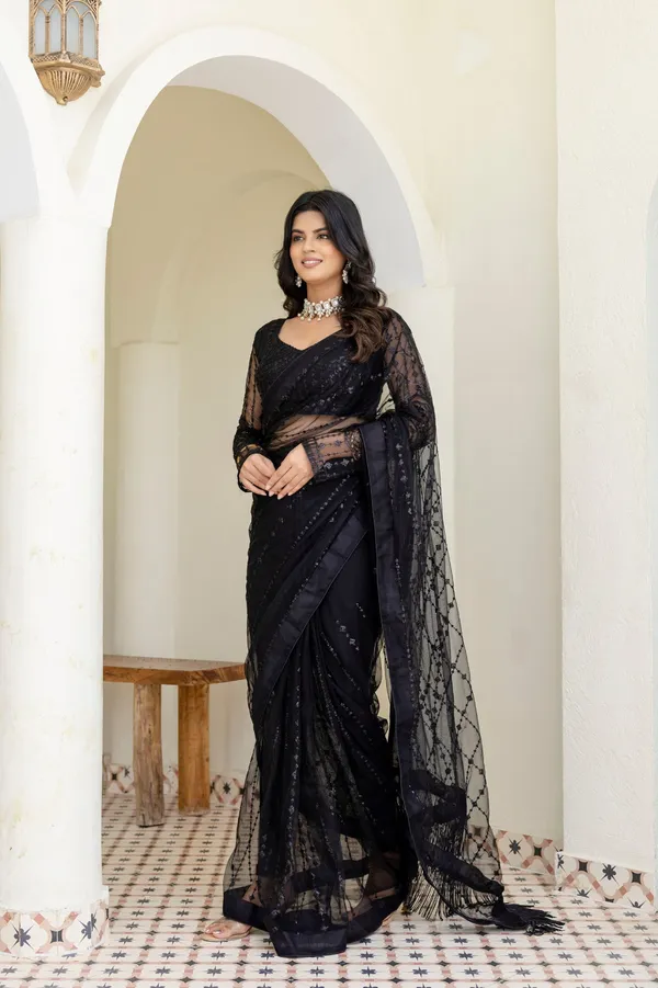 Black_Heavy_Nylon_Butterfly_Net_Fancy_Sequin_&_Thread_Work_Saree_with_Unstitched_Blouse