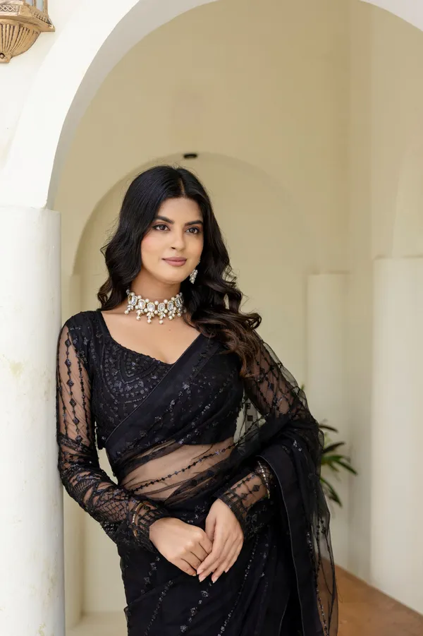 Black_Heavy_Nylon_Butterfly_Net_Fancy_Sequin_&_Thread_Work_Saree_with_Unstitched_Blouse
