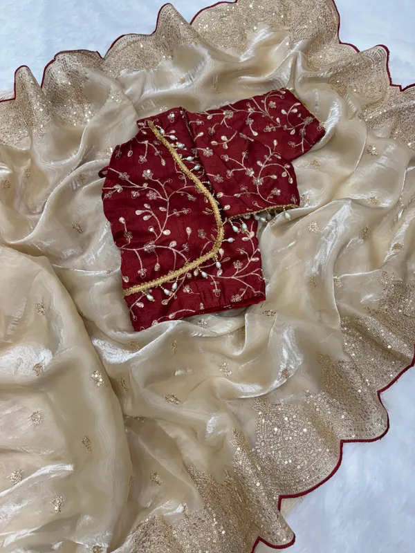 Champagne_Gold_Soft_Jimmy_Choo_Saree_with_Sequin_&_Zari_Embroidery_Work_and_Red_Designer_Blouse