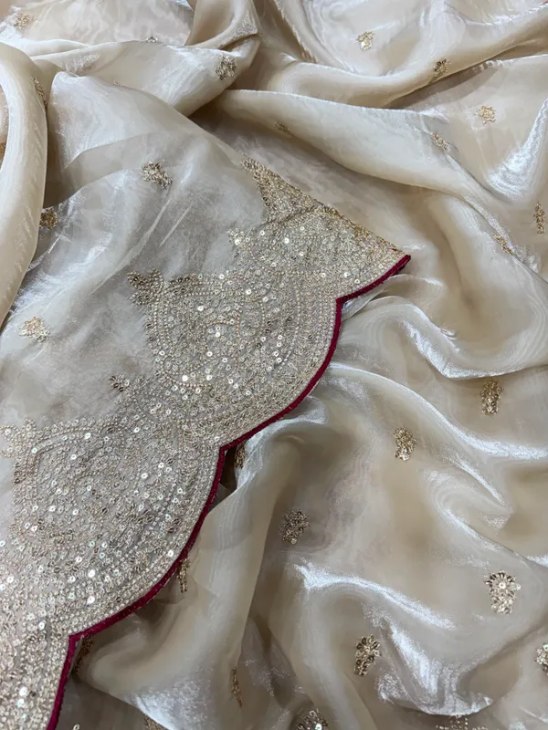 Champagne_Gold_Soft_Jimmy_Choo_Saree_with_Sequin_&_Zari_Embroidery_Work_and_Red_Designer_Blouse