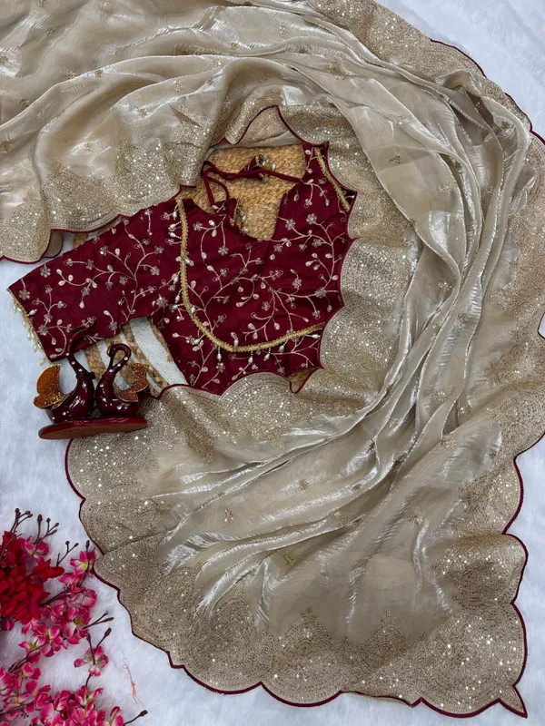 Champagne_Gold_Soft_Jimmy_Choo_Saree_with_Sequin_&_Zari_Embroidery_Work_and_Red_Designer_Blouse