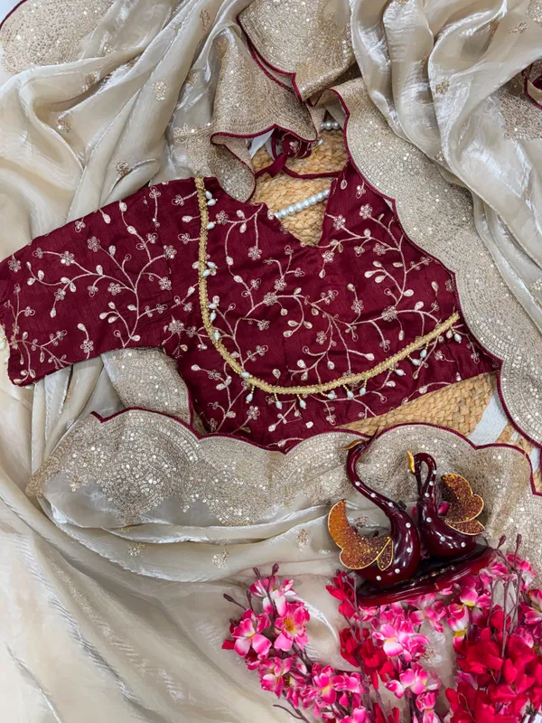 Champagne_Gold_Soft_Jimmy_Choo_Saree_with_Sequin_&_Zari_Embroidery_Work_and_Red_Designer_Blouse