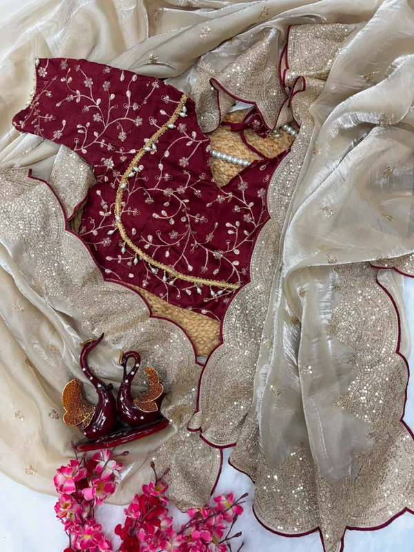 Champagne_Gold_Soft_Jimmy_Choo_Saree_with_Sequin_&_Zari_Embroidery_Work_and_Red_Designer_Blouse