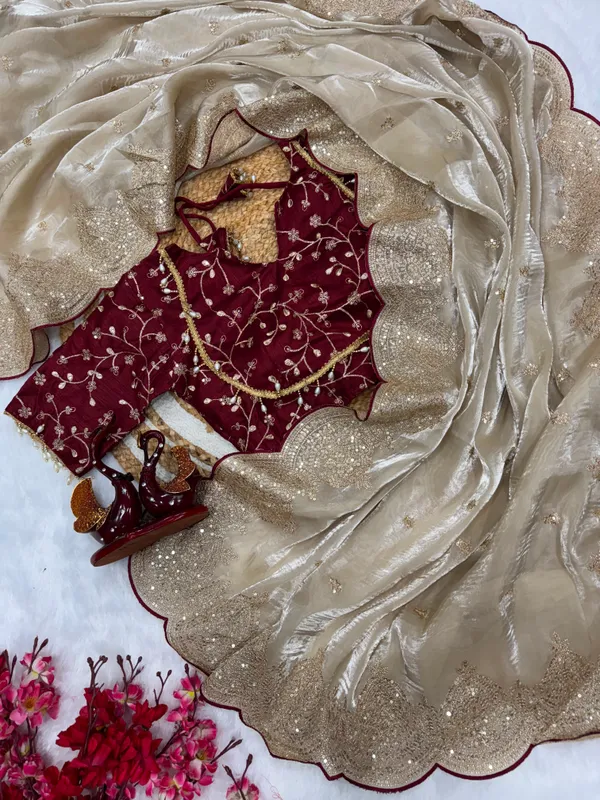 Champagne_Gold_Soft_Jimmy_Choo_Saree_with_Sequin_&_Zari_Embroidery_Work_and_Red_Designer_Blouse
