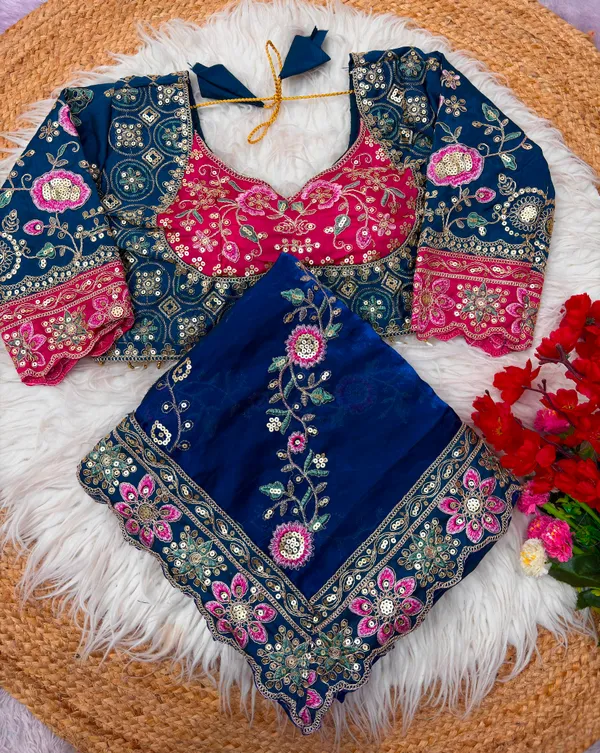 Designer_Blue_Embroidery_Work_Satin_Silk_Saree_with_Stitched_Blouse