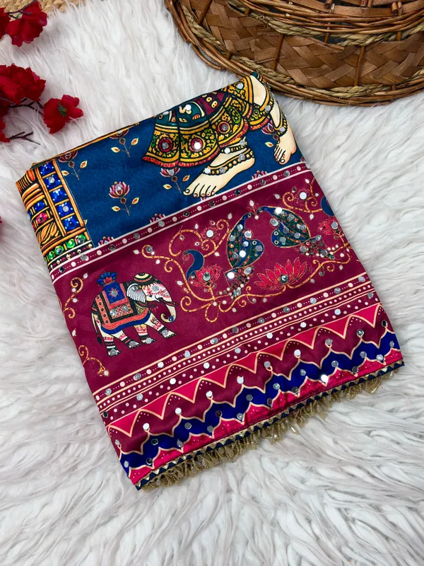 Designer_Digital_Print_Japan_Satin_Silk_Saree_with_Mirror_Work