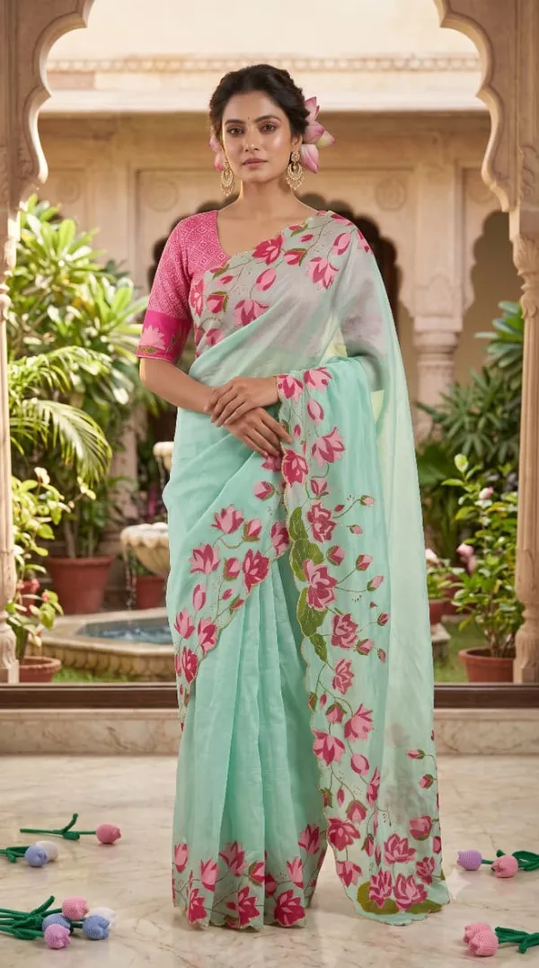 Designer_Pure_Soft_Tabby_Silk_Floral_Print_Saree_with_Beads_&_Katdana_Handwork