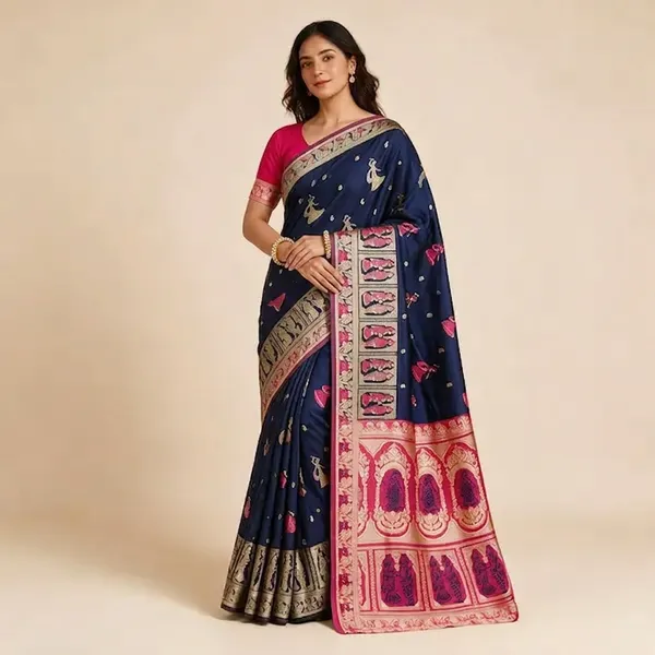Navy_Blue_Silk_And_Polyester_Woven_Baluchari_Saree_For_Women