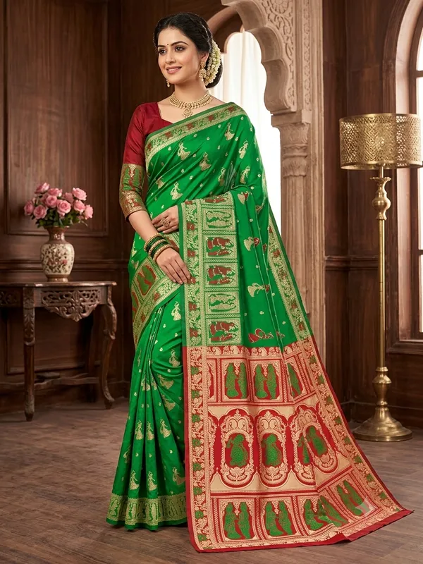 Green_Silk_And_Polyester_Woven_Baluchari_Saree_For_Women