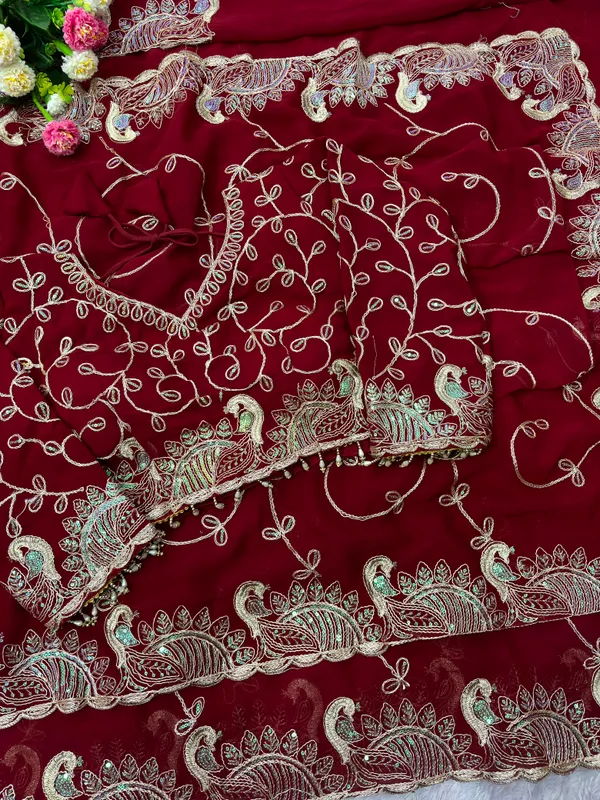 Maroon_Pure_Soft_Georgette_Designer_Saree_with_C-Pallu_Embroidery,_Sequin_&_Zari_Work